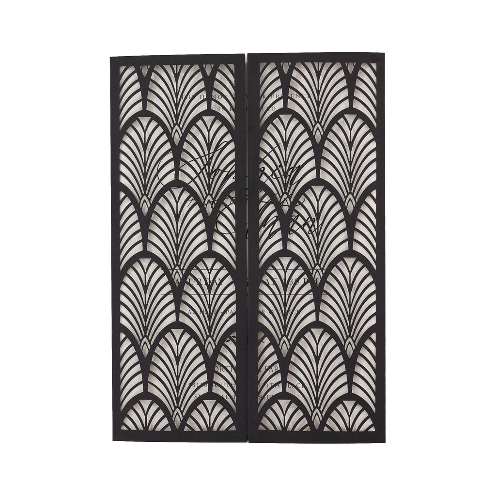 One old gold metallic laser cut gatefold invitations with an art deco design. The design features a repeating pattern of overlapping, curved lines that resemble a fan or a peacock feather.