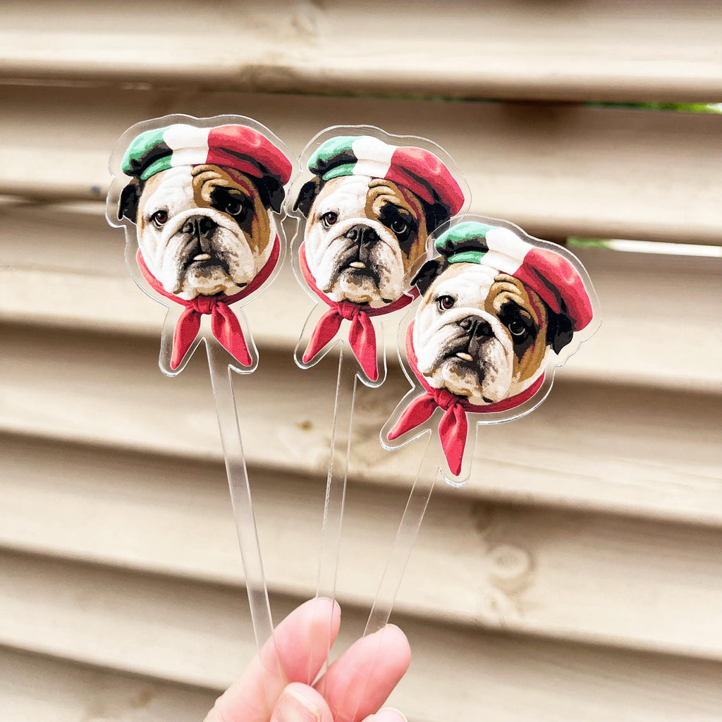 Personalized drink stirrers with a photo of your pet dog printed on clear acrylic