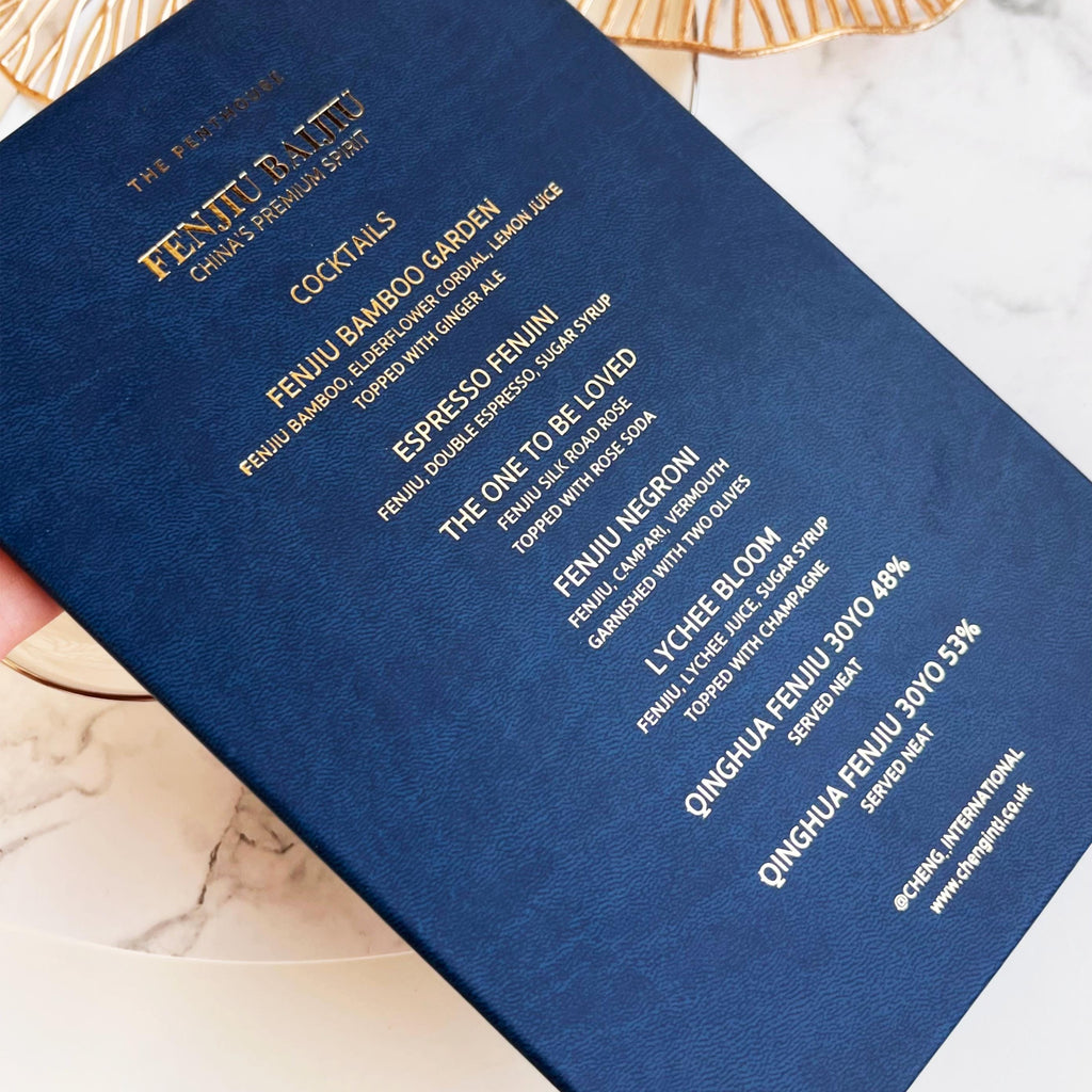 Luxurious menu in navy blue vegan leather, with text embossed in gold foil, adding sophistication and charm. Perfect for creating an unforgettable dining experience, whether it’s a lavish wedding, exclusive cocktail party or special event.