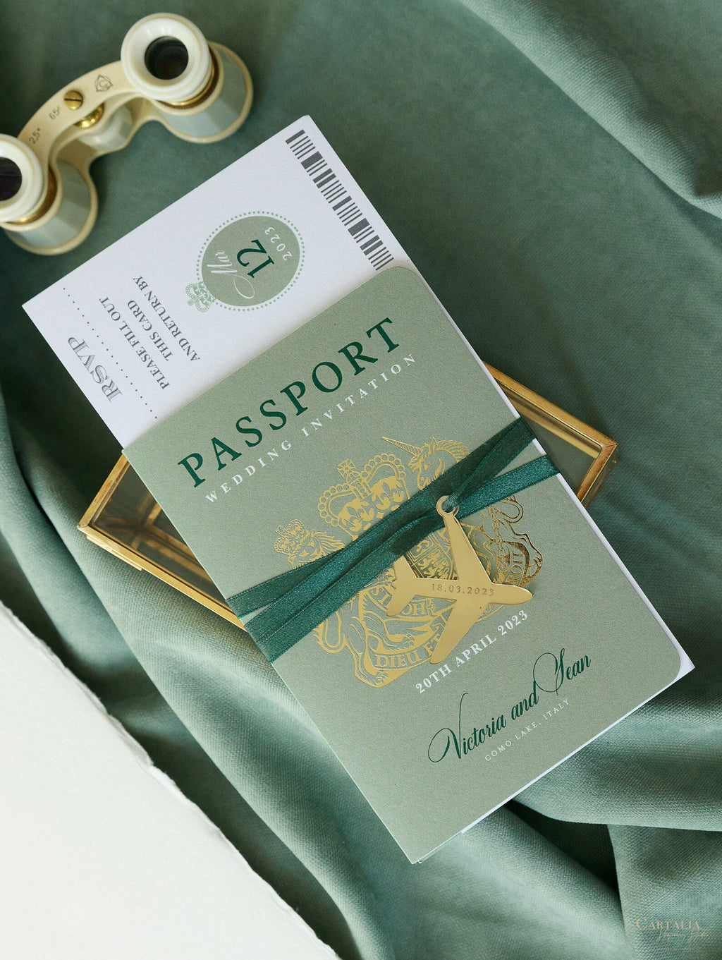 Sage Green Luxury Passport Wedding Invitation with Gold Foil + Engraved Plane, Destination Wedding, Wedding Abroad, Boarding Pass, Travel