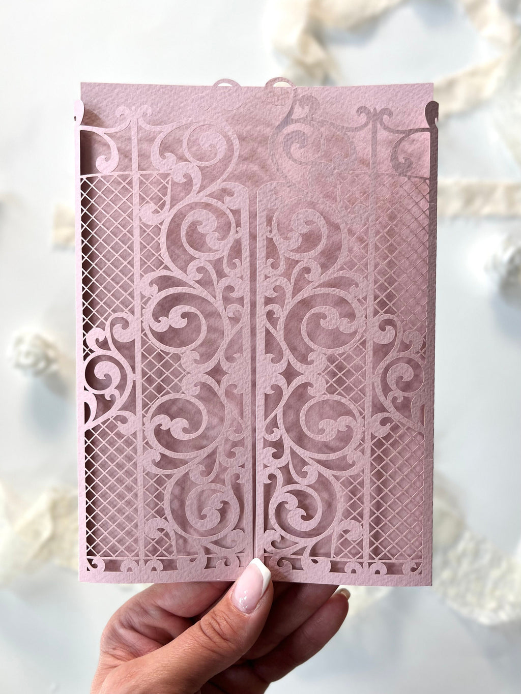 Gatefold Laser Cut Wedding Covers, Romantic Pink Laser Cut Wedding Invitations, Gate Motif, DIY Invitation, Handmade, Birthday, Anniversary